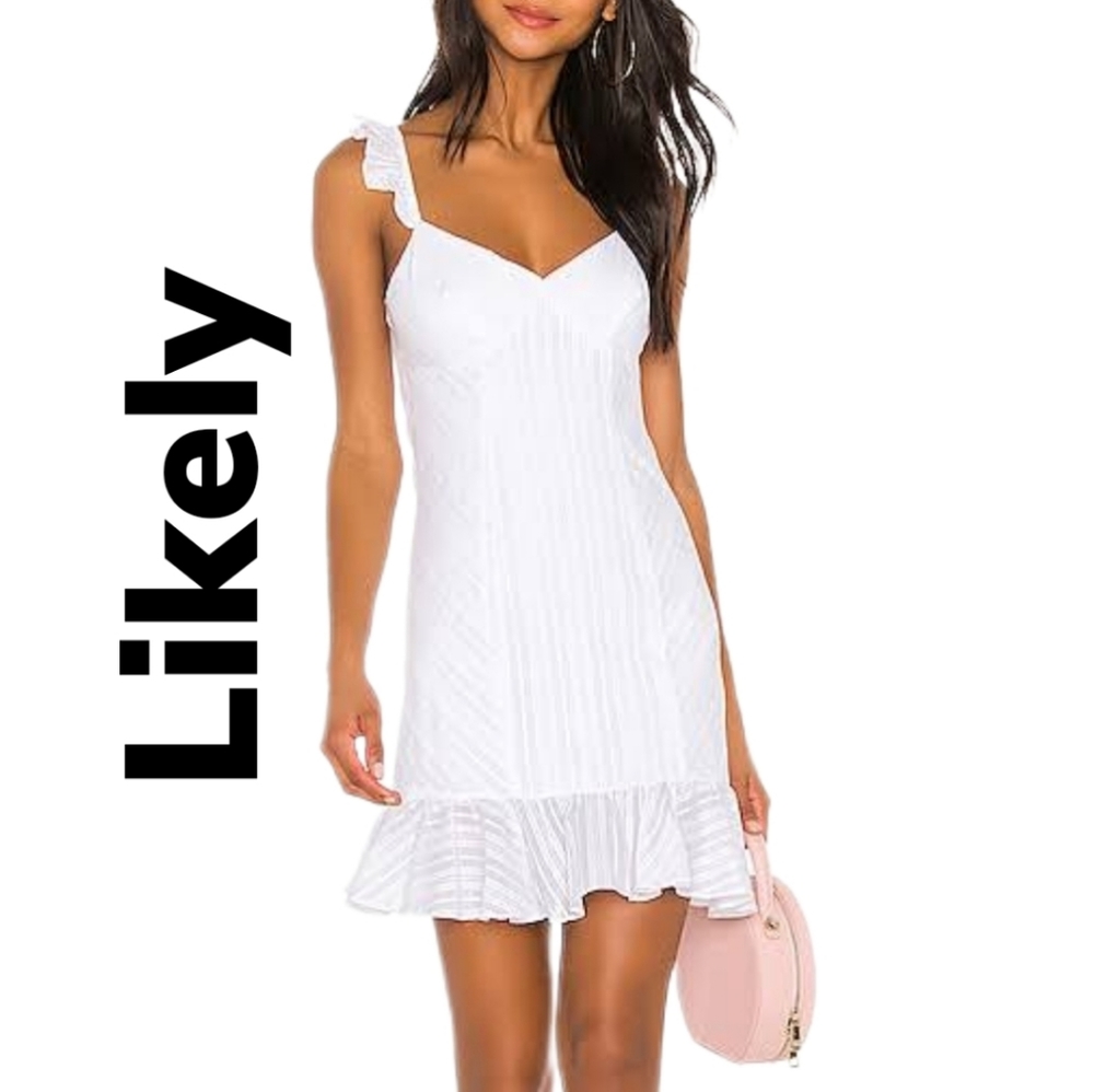Likely White Lined Spring Summer Ruffle strap & Hem Mini Dress Sz 8